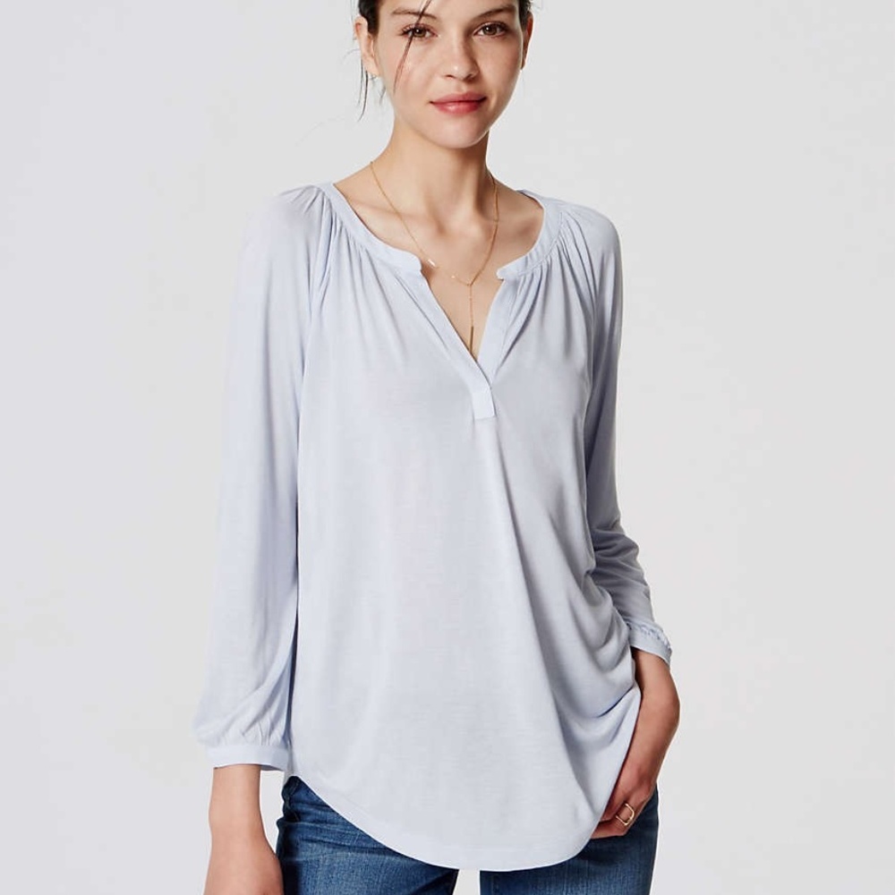 LOFT White Split Neck Mixed Media Top